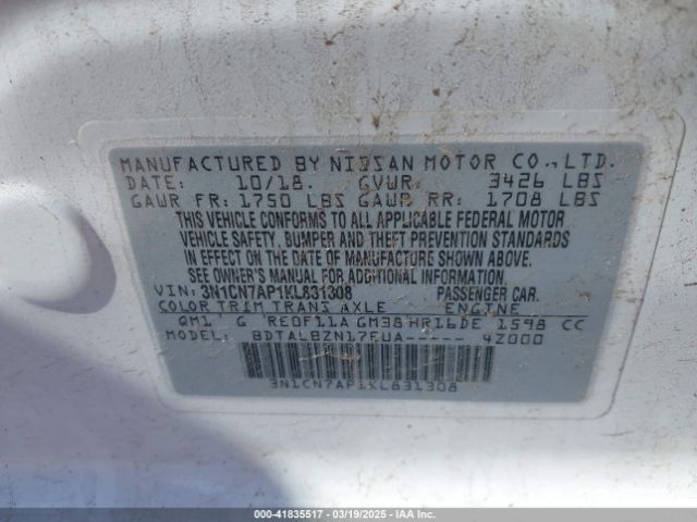 3N1CN7AP1KL831308 Nissan Versa 1.6 Sv