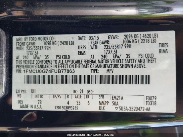 1FMCU0G74FUB77863 Ford ESCAPE SE