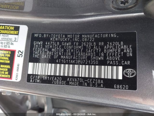 4T1G11AK3PU721350 Toyota CAMRY SE