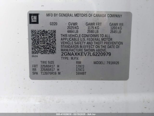 2GNAXKEV7L6220979 Chevrolet Equinox Fwd Lt 1.5l Turbo
