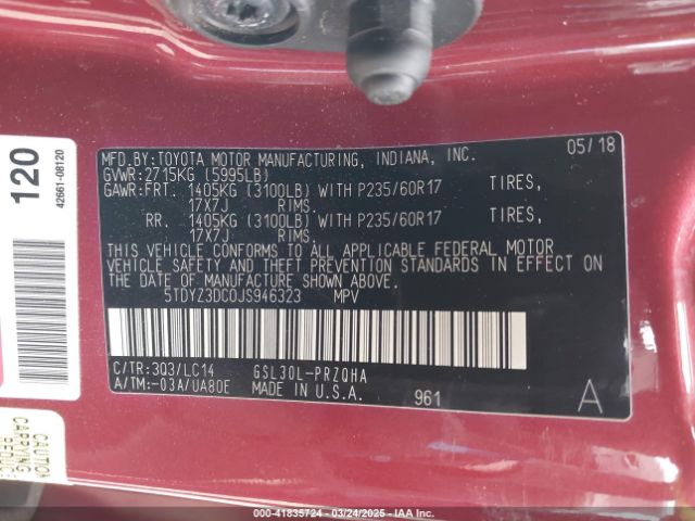 5TDYZ3DC0JS946323 Toyota Sienna Xle 8 Passenger