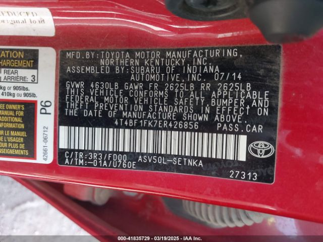 4T4BF1FK7ER426856 Toyota CAMRY LE