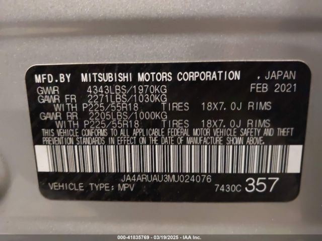 JA4ARUAU3MU024076 Mitsubishi Outlander Sport 2.0 Be Awc/2.0 Es Awc/2.0 Le Awc/2.0 Se Awc