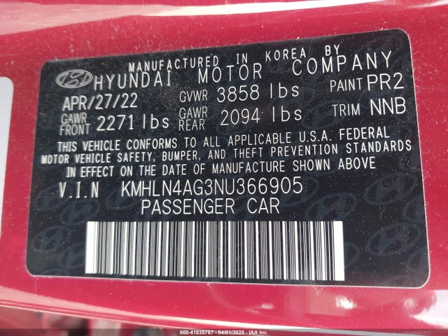 KMHLN4AG3NU366905 Hyundai ELANTRA SEL