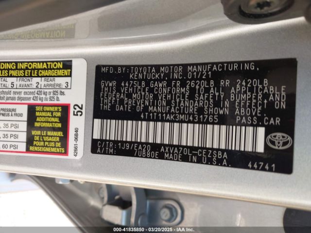 4T1T11AK3MU431765 Toyota CAMRY SE