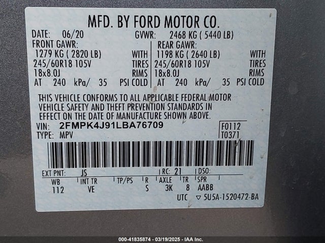 2FMPK4J91LBA76709 Ford EDGE SEL