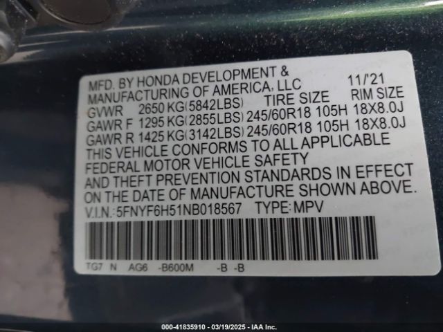 5FNYF6H51NB018567 Honda j35y6