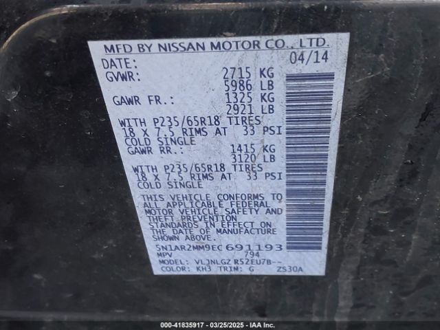 5N1AR2MM9EC691193 Nissan Pathfinder Sl