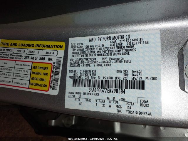 3FA6P0G77ER298584 Ford FUSION S