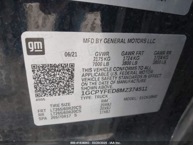 1GCPYFED8MZ374511 Chevrolet Silverado 1500 4wd  Short Bed Lt Trail Boss