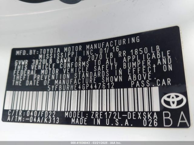 5YFBURHE4GP447612 Toyota Corolla S