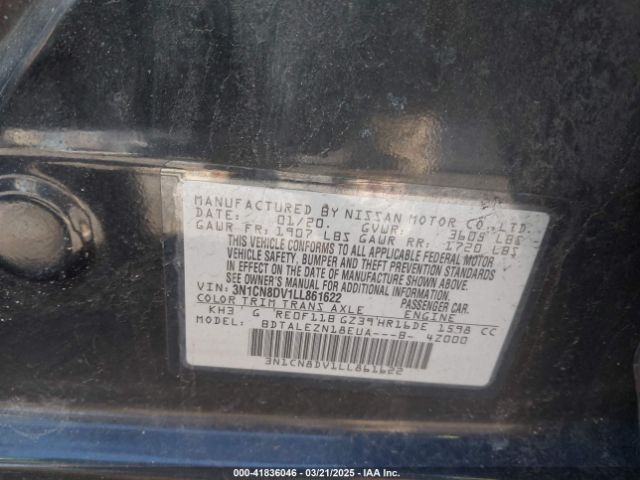 3N1CN8DV1LL861622 Nissan Versa S Xtronic Cvt