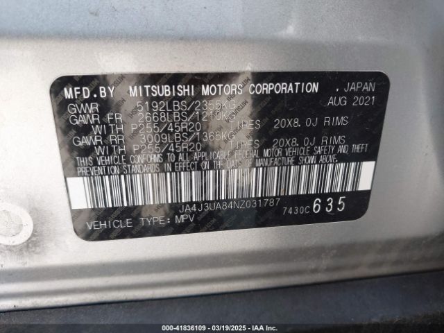 JA4J3UA84NZ031787 Mitsubishi Outlander Black Edition 2wd/se 2.5 2wd/se Launch Edition 2wd