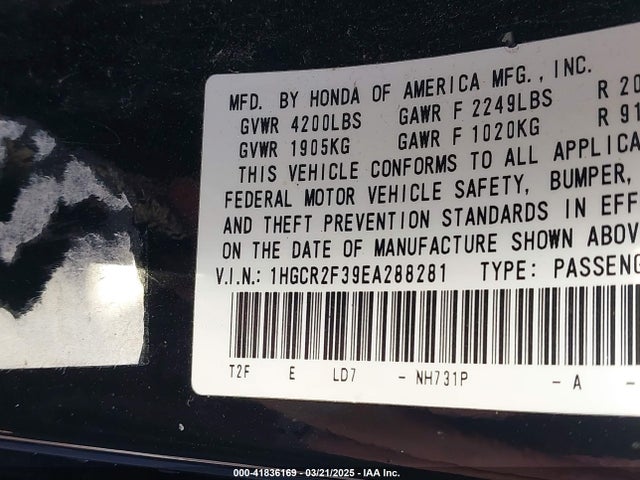 1HGCR2F39EA288281 Honda ACCORD LX
