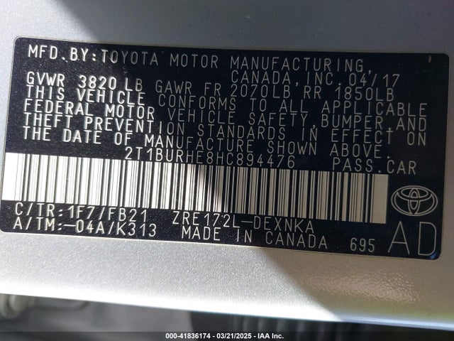 2T1BURHE8HC894476 Toyota COROLLA LE