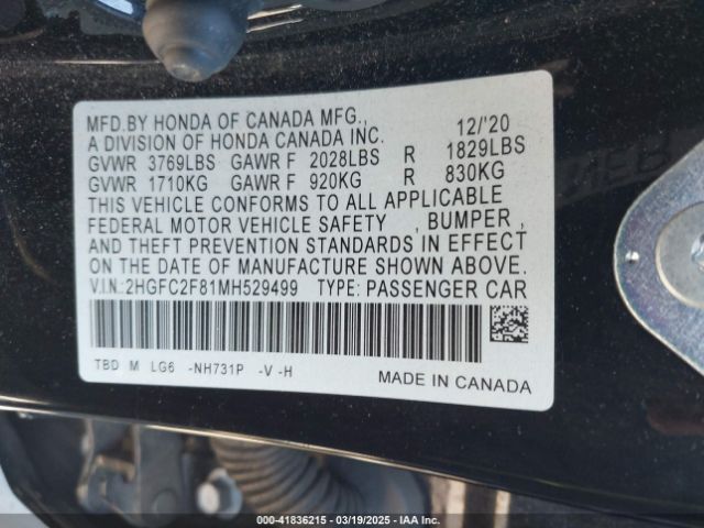 2HGFC2F81MH529499 Honda Civic Sport