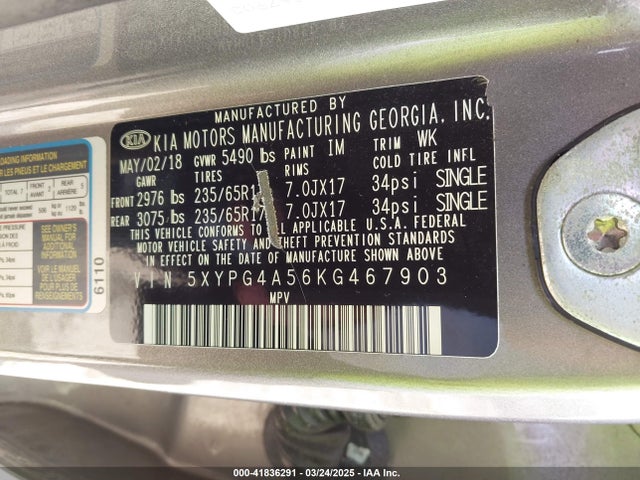 5XYPG4A56KG467903 KIA Sorento 3.3l Lx