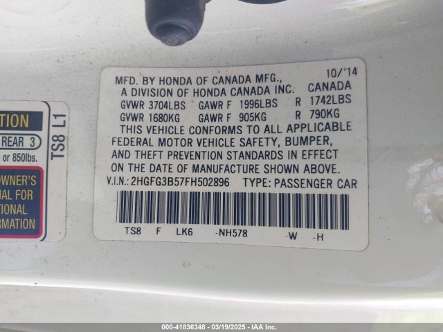 Honda Civic Lx 2015 2HGFG3B57FH502896 Image 9
