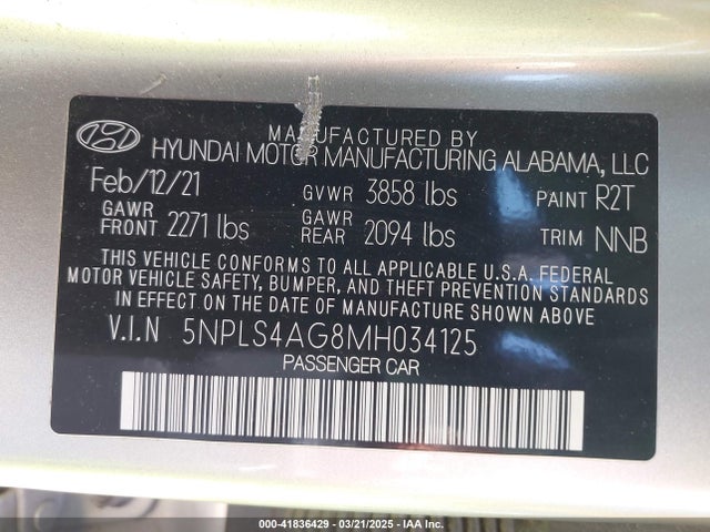 5NPLS4AG8MH034125 Hyundai ELANTRA SEL