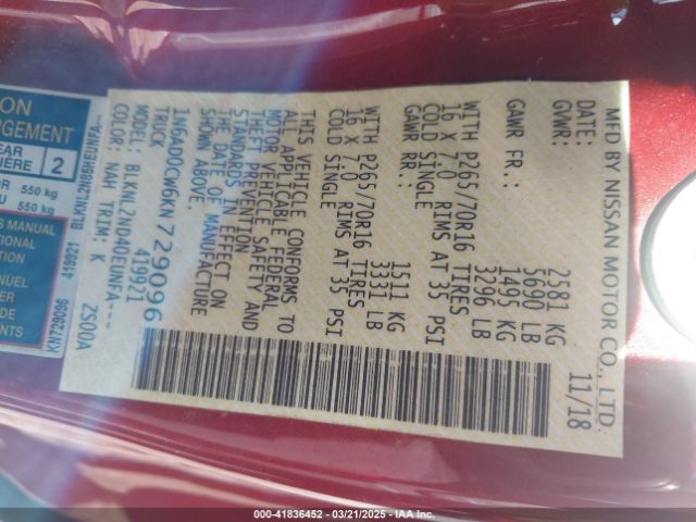 1N6AD0CW6KN729096 Nissan Frontier Sv