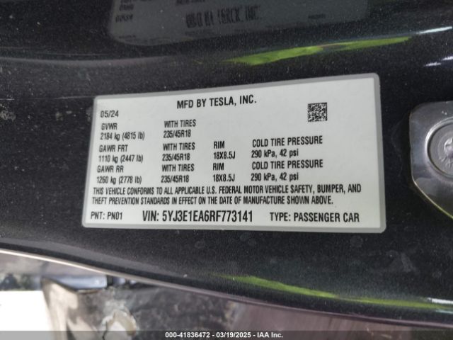5YJ3E1EA6RF773141 Tesla Model 3 Long Range Dual Motor All-wheel Drive/rear-wheel Drive
