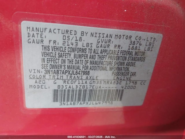 3N1AB7APXJL647998 Nissan SENTRA SV