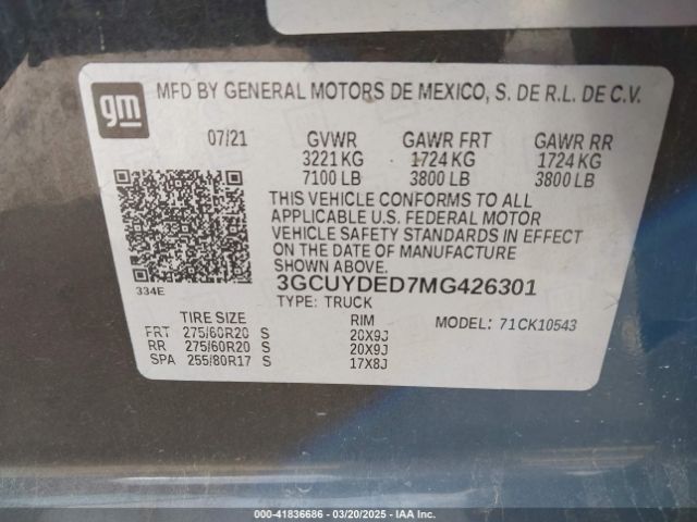 3GCUYDED7MG426301 Chevrolet Silverado 1500 4wd  Short Bed Lt