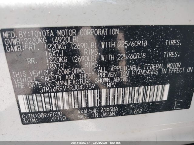 JTM16RFV3RJ042759 Toyota Rav4 Hybrid Se