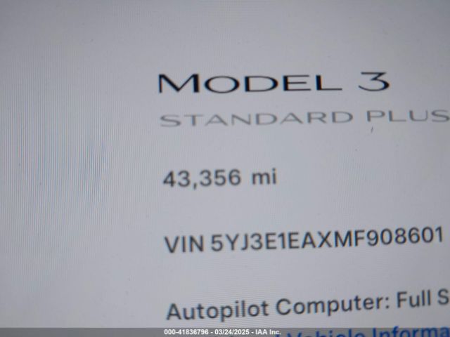 5YJ3E1EAXMF908601 Tesla Model 3 Standard Range Plus Rear-wheel Drive