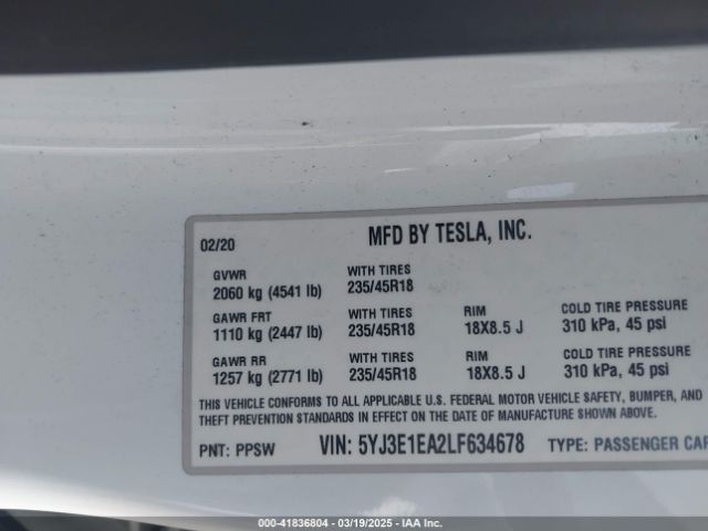 5YJ3E1EA2LF634678 Tesla Model 3 Standard Range Plus Rear-wheel Drive/standard Range Rear-wheel Drive