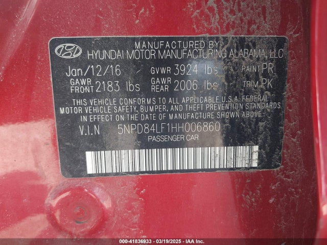 5NPD84LF1HH006860 Hyundai ELANTRA SE