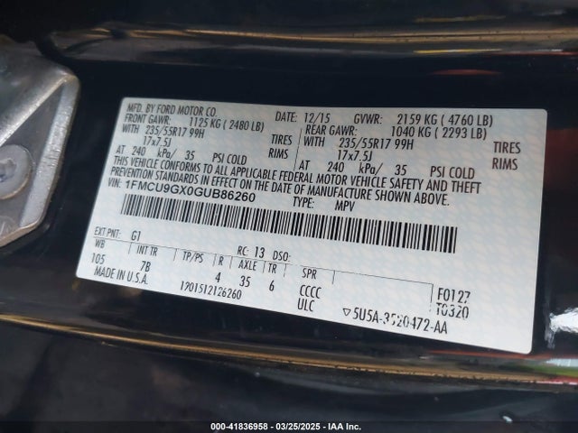 1FMCU9GX0GUB86260 Ford ESCAPE SE