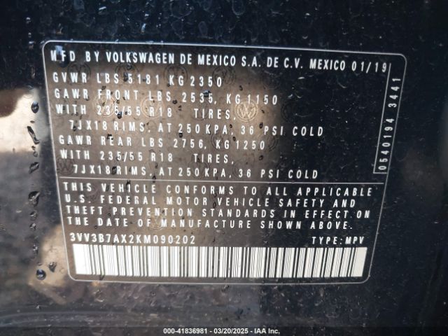 3VV3B7AX2KM090202 Volkswagen Tiguan 2.0t Se/2.0t Sel/2.0t Sel R-line/2.0t Sel R-line Black