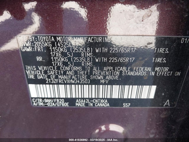 2T3ZFREVXHW343503 Toyota RAV4 LE