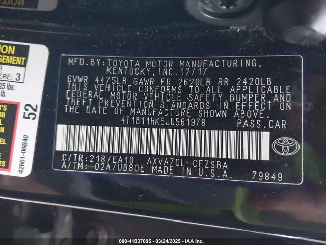 4T1B11HK5JU561978 Toyota CAMRY SE