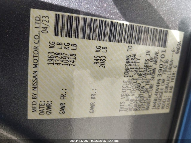 1N4BL4DV4PN390701 Nissan Altima Sv Fwd