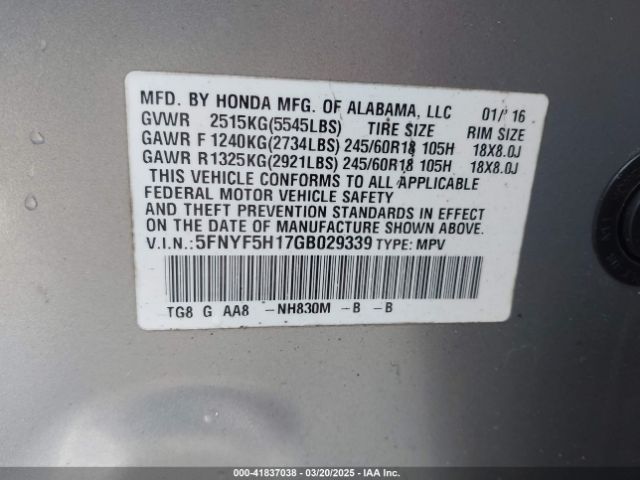 5FNYF5H17GB029339 Honda PILOT LX
