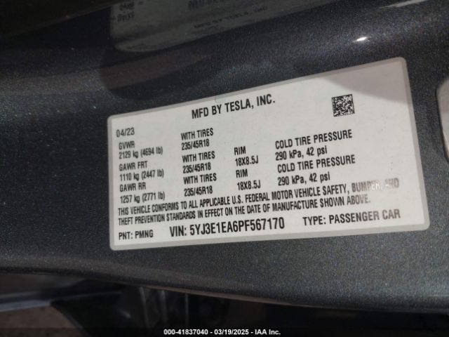 5YJ3E1EA6PF567170 Tesla Model 3 Rear-wheel Drive