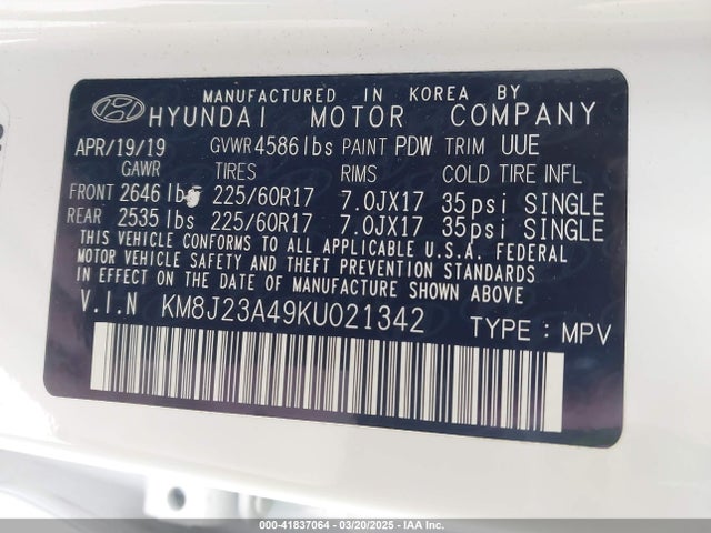 KM8J23A49KU021342 Hyundai TUCSON SE