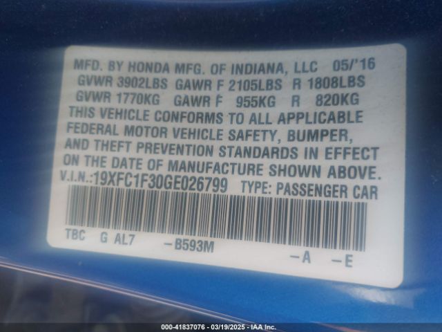 19XFC1F30GE026799 Honda Civic Ex-t