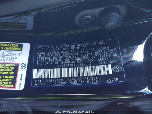 4T1G11AK4NU690607 Toyota CAMRY SE