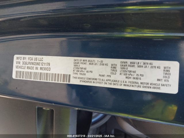 3C6LRVNG5NE121179 RAM Promaster 1500 Low Roof 118 Wb