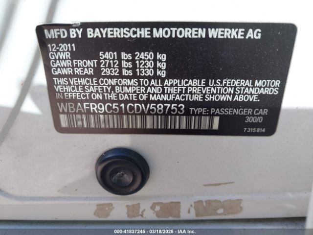 2012 BMW 550I WBAFR9C51CDV58753 Photo 8