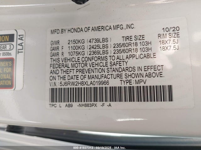 Honda Cr-v Awd Ex-l 2020 5J6RW2H8XLA019966 Image 9