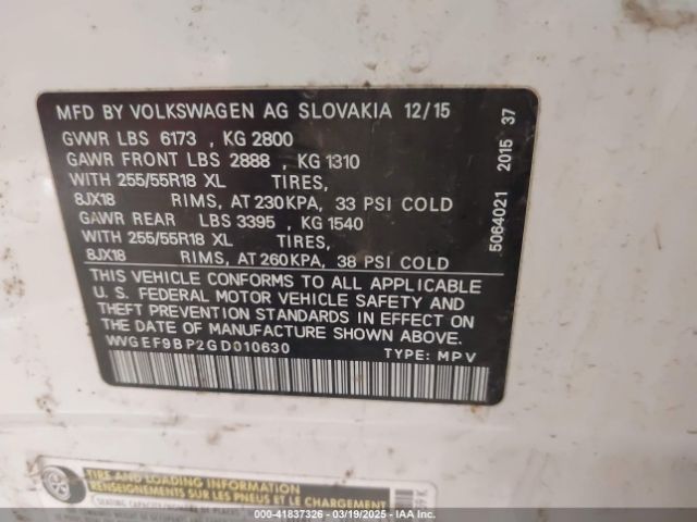 2016 VOLKSWAGEN TOUAREG WVGEF9BP2GD010630 Photo 8