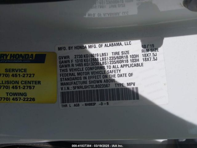 5FNRL6H7XLB023567 Honda Odyssey Ex-l/ex-l W/navi   Res