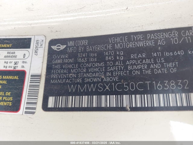 2012 MINI COOPER WMWSX1C50CT163832 Photo 8