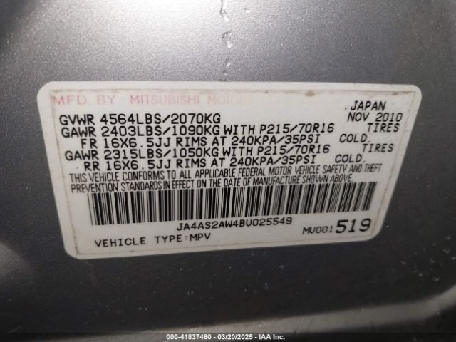 2011 MITSUBISHI OUTLANDER JA4AS2AW4BU025549 Photo 8