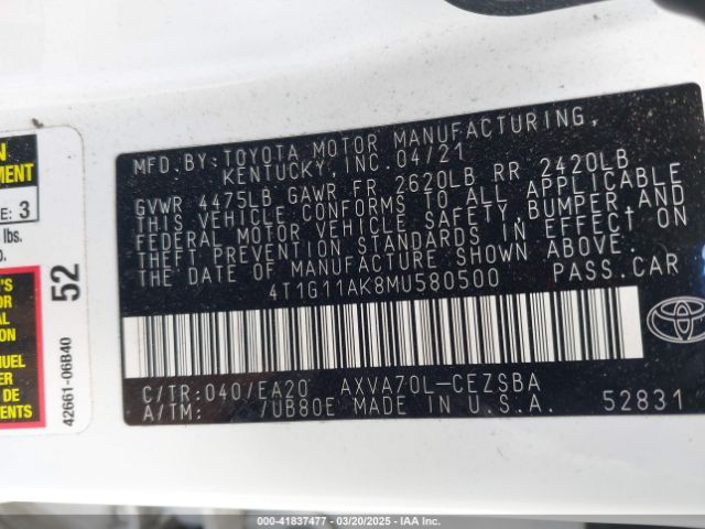 4T1G11AK8MU580500 Toyota CAMRY SE