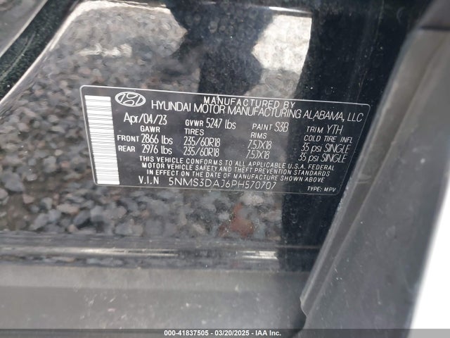 5NMS3DAJ6PH570707 Hyundai Santa Fe Sel